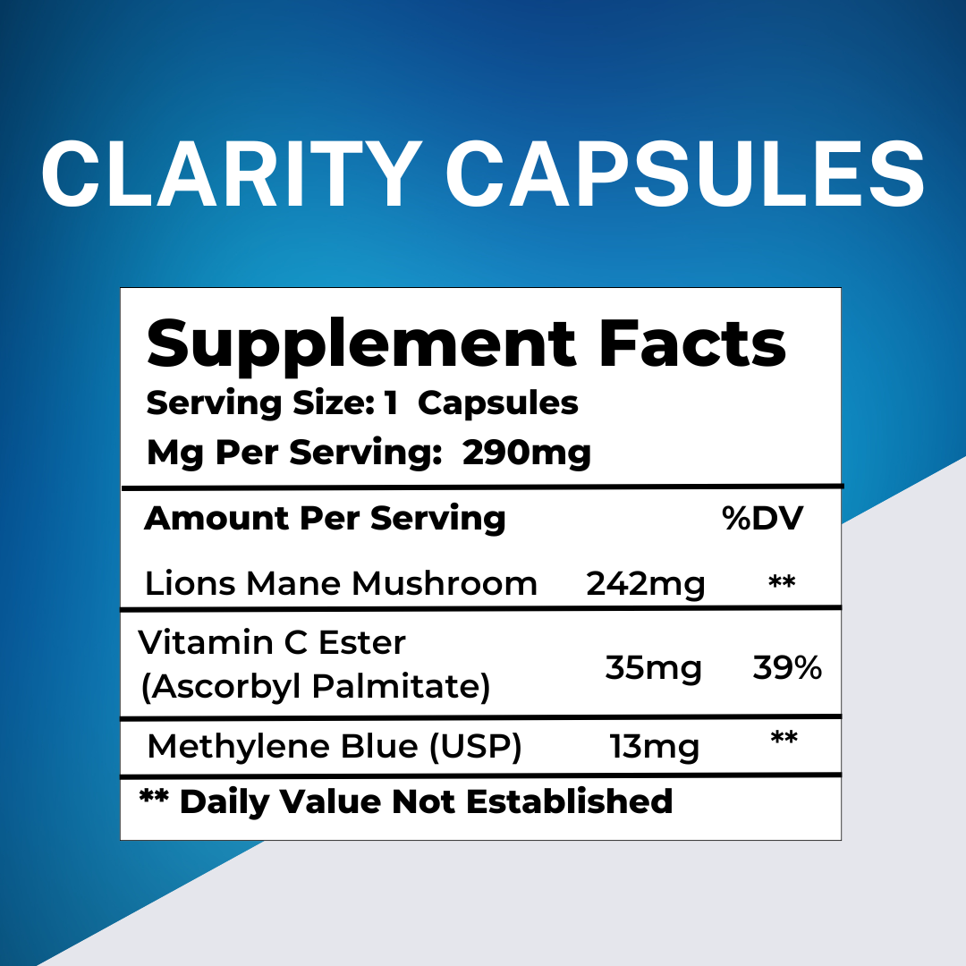 CLARITY CAPSULES (Methelyne Blue + Lions Mane + Vitamin C Ester) - 1 Month Supply 8 CLARITY CAPSULES (Methelyne Blue + Lions Mane + Vitamin C Ester) - 1 Month Supply - Image 8