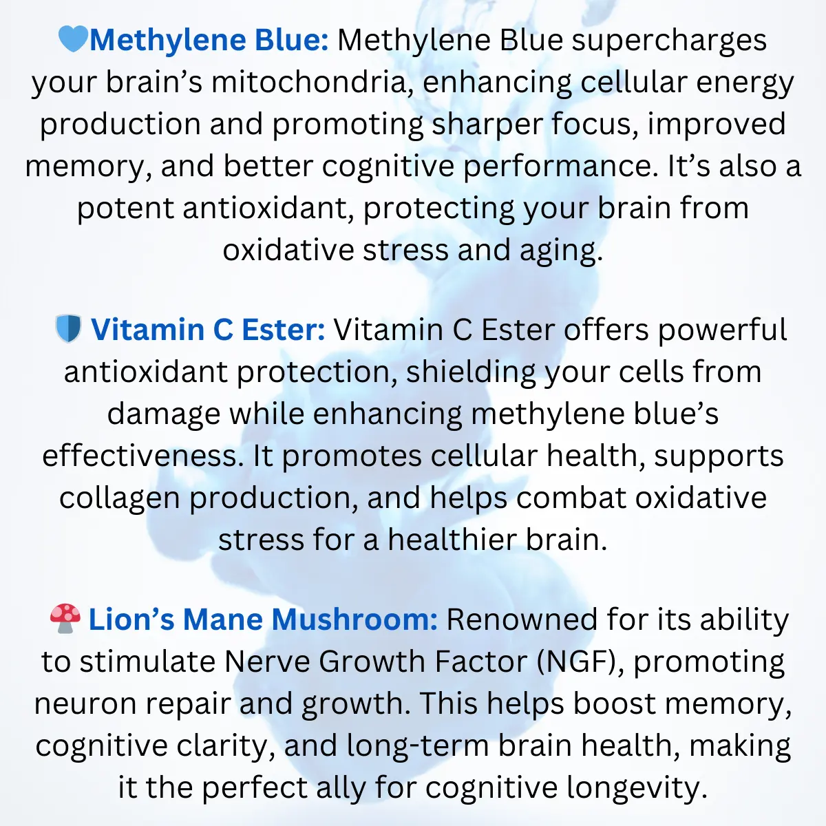 CLARITY CAPSULES (Methelyne Blue + Lions Mane + Vitamin C Ester) - 1 Month Supply 6 Neuro Blue Clarity Methylene Blue Capsules Ingredients