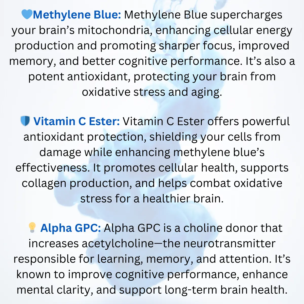 POWER CAPSULES (Methelyne Blue + Alpha GPC + Vitamin C Ester) - 1 Month Supply 6 Neuro Blue Power Methylene Blue Capsules Ingredients