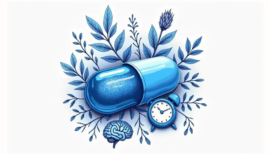 Benefits of Methylene Blue a vibrant blue capsule surrounded by various natural elements like plants